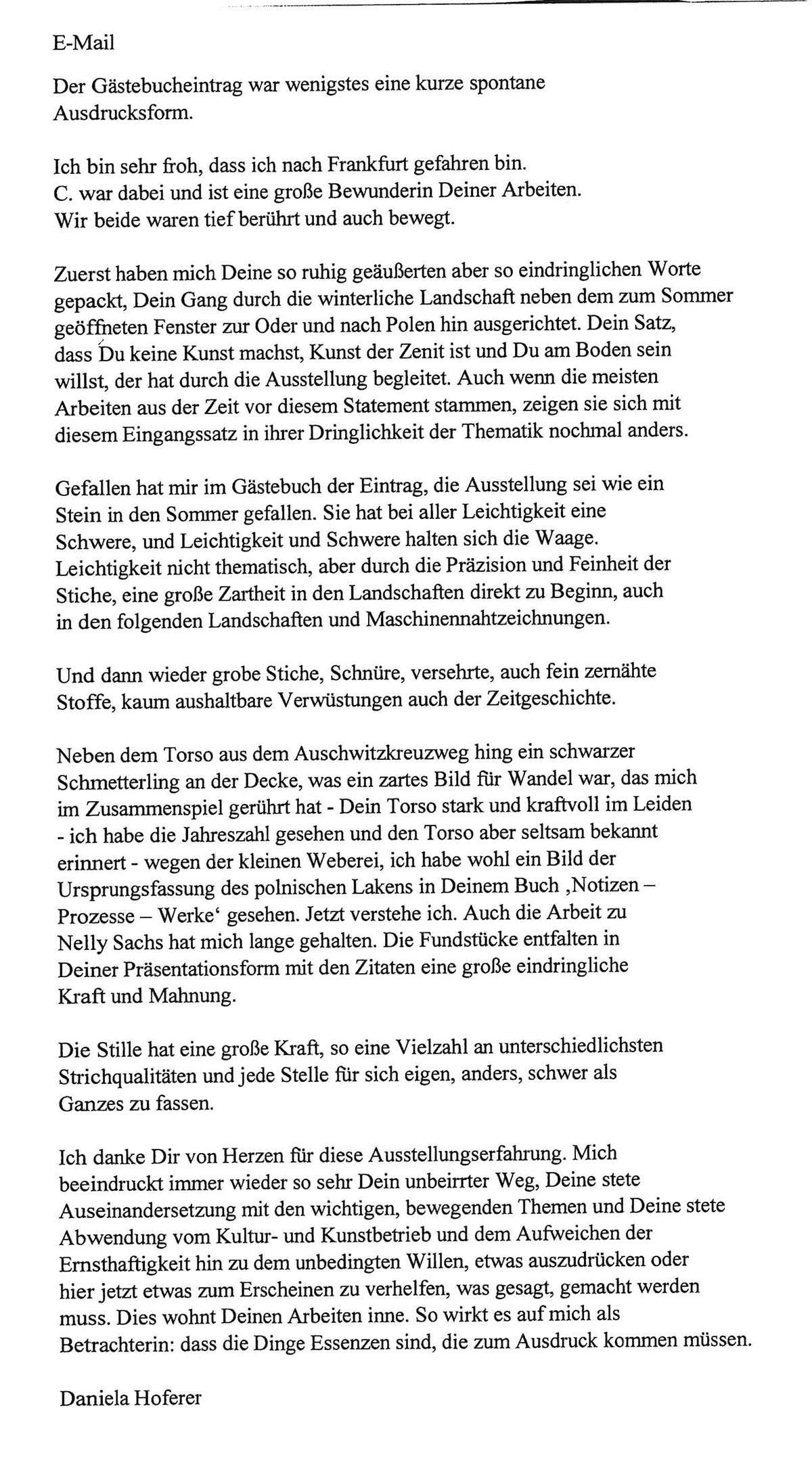 Eintrag im Gästebuch der Ausstellung "Gestundete Zeit oder die Erinnerung an morgen"