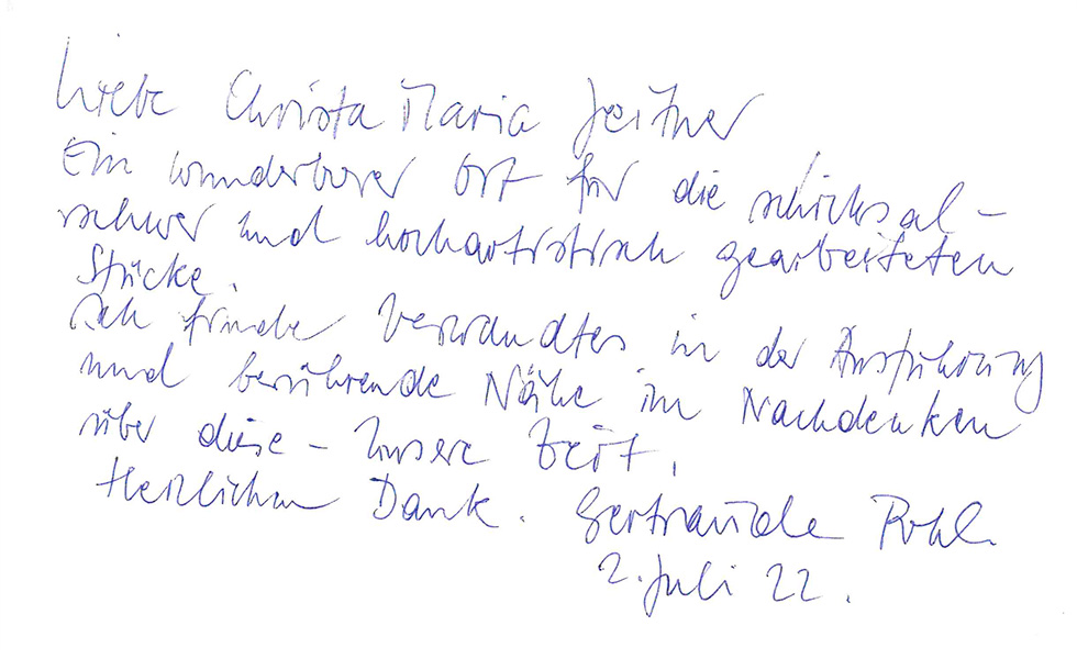 Eintrag im Gästebuch der Ausstellung "Gestundete Zeit oder die Erinnerung an morgen"